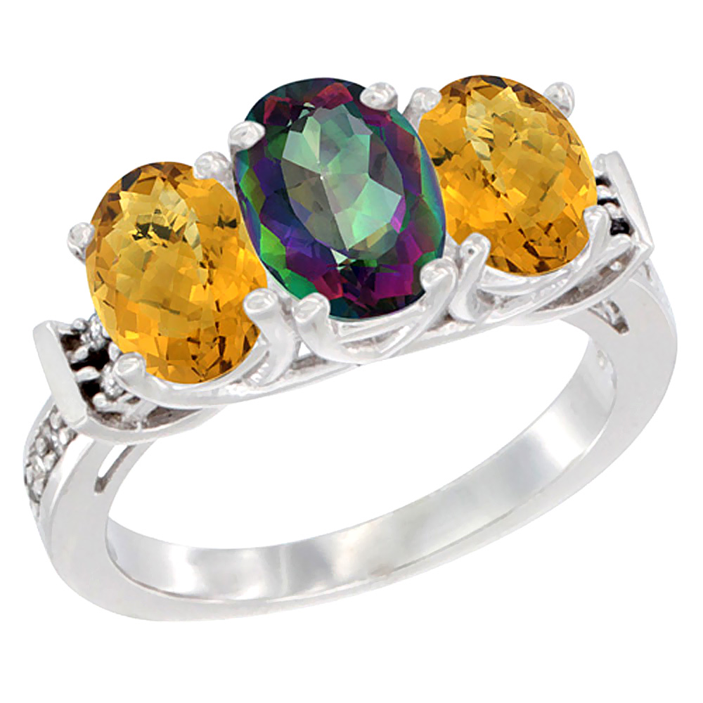 14K White Gold Natural Mystic Topaz & Whisky Quartz Sides Ring 3-Stone Oval Diamond Accent, sizes 5 - 10
