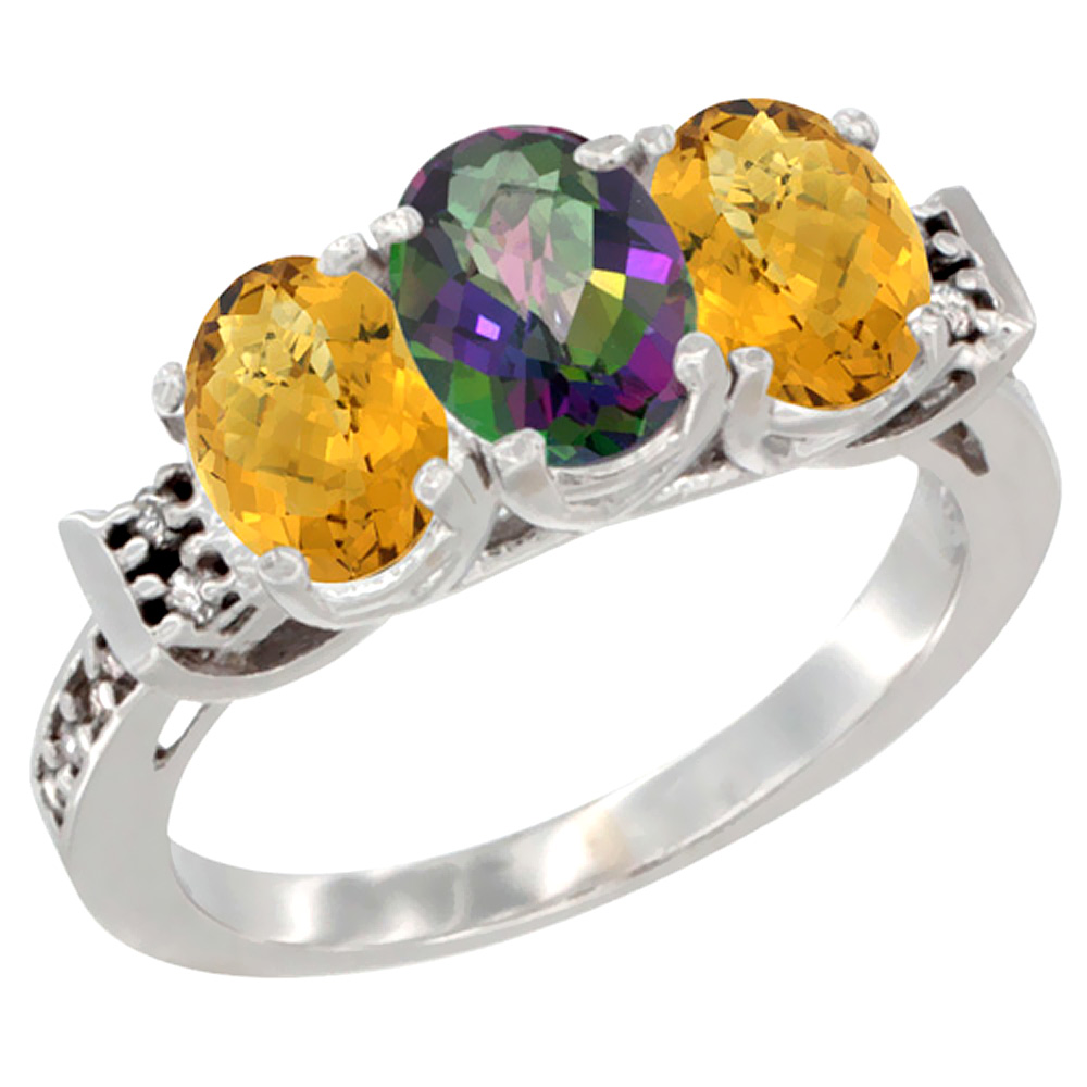 14K White Gold Natural Mystic Topaz & Whisky Quartz Ring 3-Stone 7x5 mm Oval Diamond Accent, sizes 5 - 10