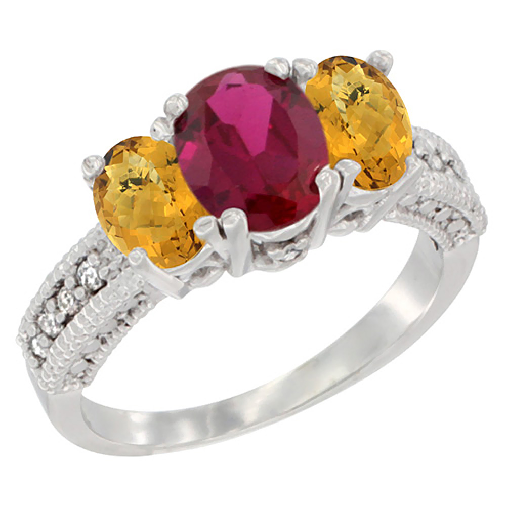 10K White Gold Diamond Quality Ruby 7x5mm & 6x4mm Whisky Quartz Oval 3-stone Mothers Ring,size 5 - 10