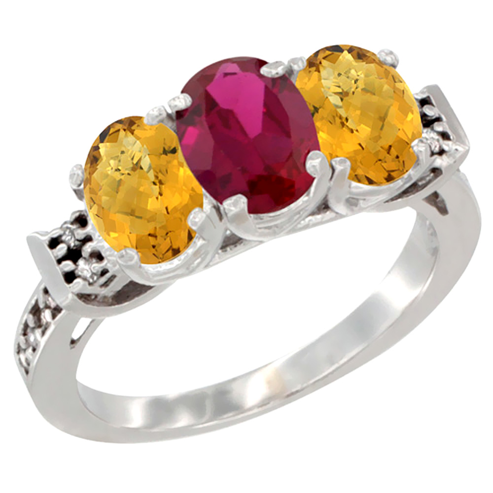 10K White Gold Enhanced Ruby & Natural Whisky Quartz Sides Ring 3-Stone Oval 7x5 mm Diamond Accent, sizes 5 - 10
