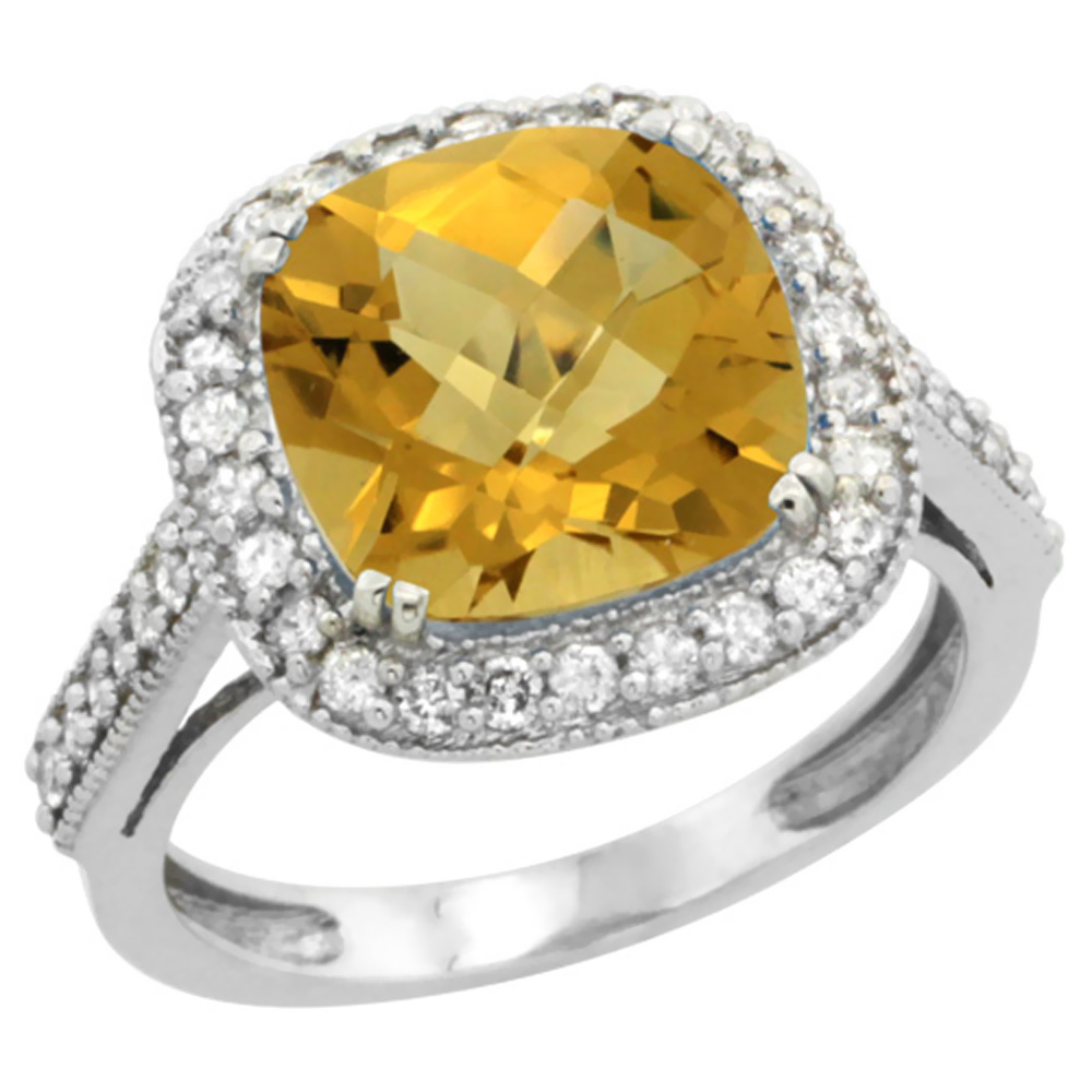 10k White Gold Natural Whisky Quartz Ring Cushion-cut 10x10mm Diamond Halo, sizes 5-10