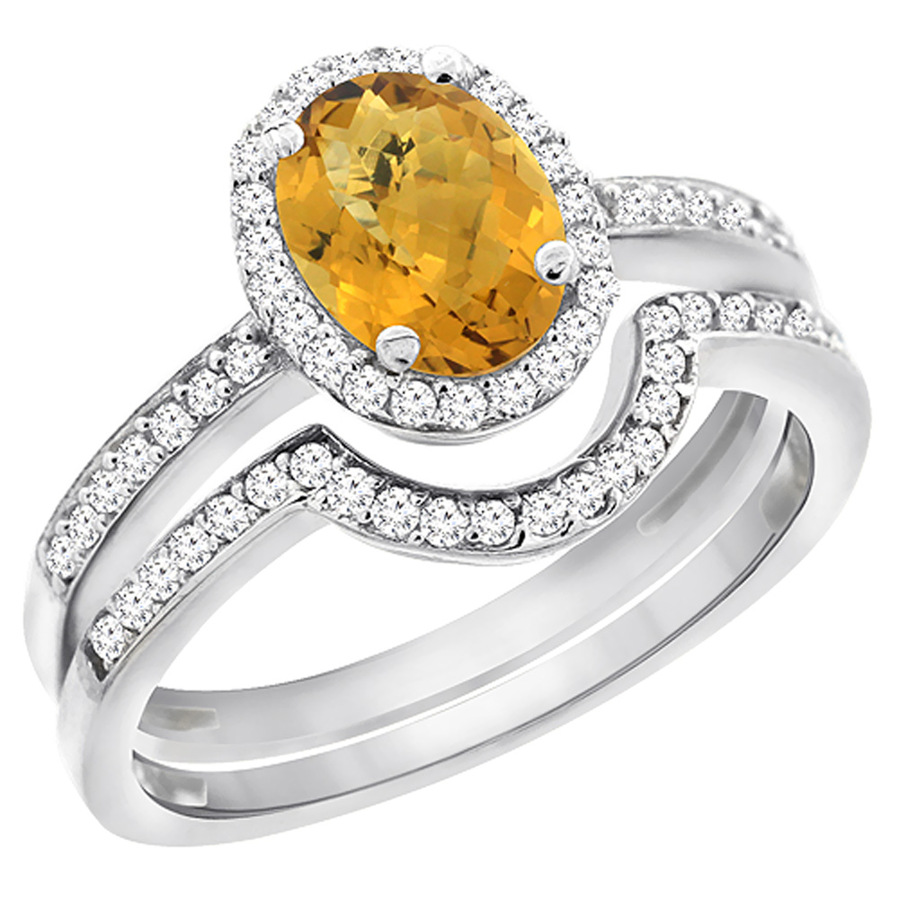14K White Gold Diamond Natural Whisky Quartz 2-Pc. Engagement Ring Set Oval 8x6 mm, sizes 5 - 10