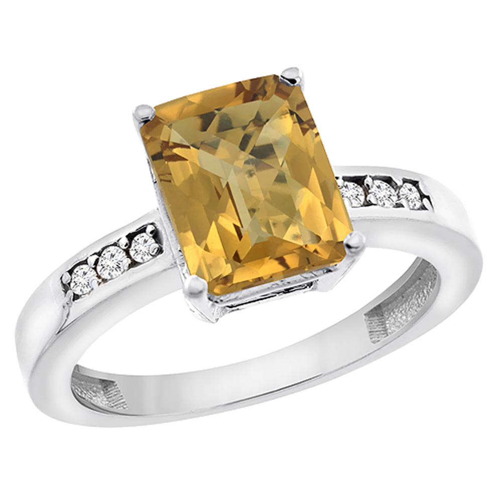 14K White Gold Natural Whisky Quartz Octagon 9x7 mm with Diamond Accents, sizes 5 - 10