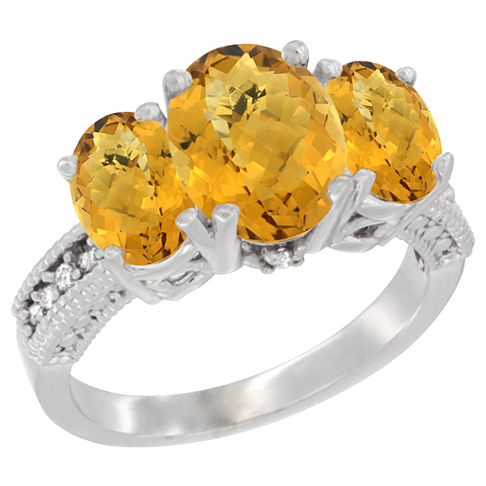 10K White Gold Diamond Natural Whisky Quartz Ring 3-Stone Oval 8x6mm, sizes5-10