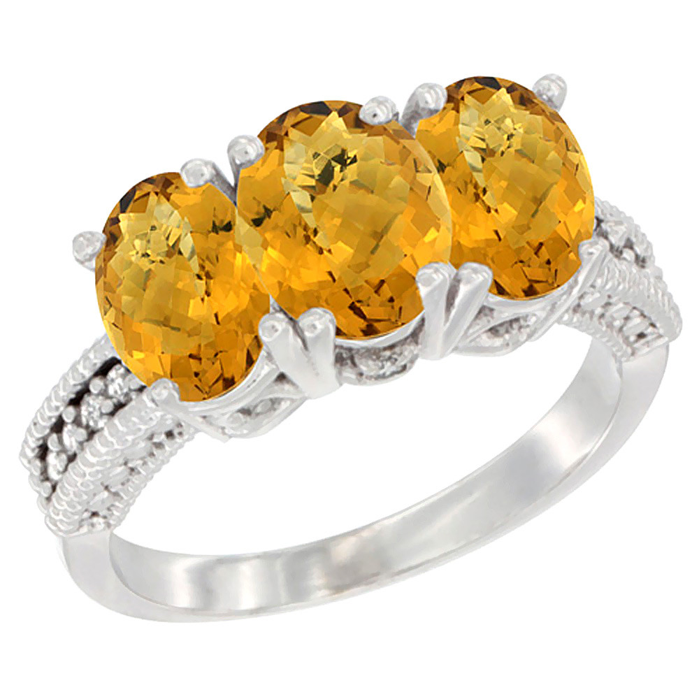 10K White Gold Diamond Natural Whisky Quartz Ring 3-Stone 7x5 mm Oval, sizes 5 - 10