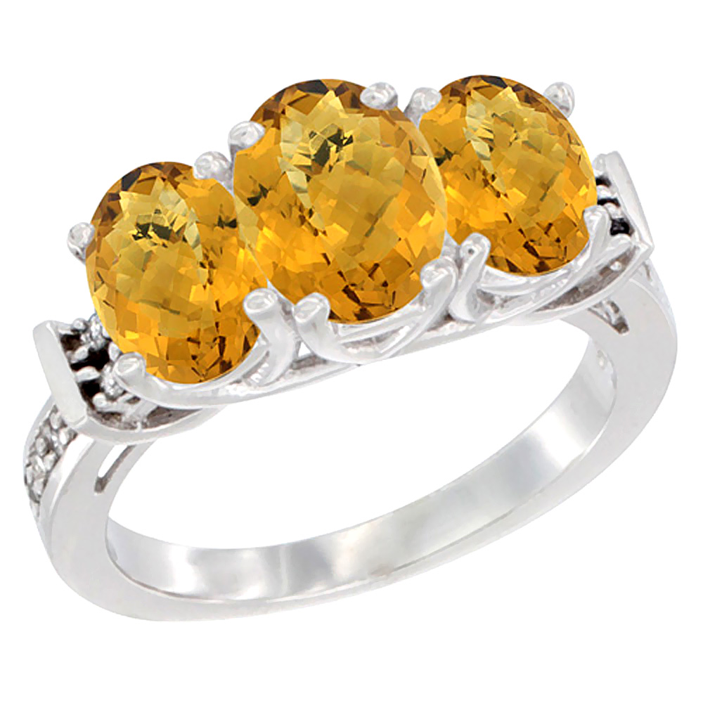10K White Gold Natural Whisky Quartz Ring 3-Stone Oval Diamond Accent, sizes 5 - 10