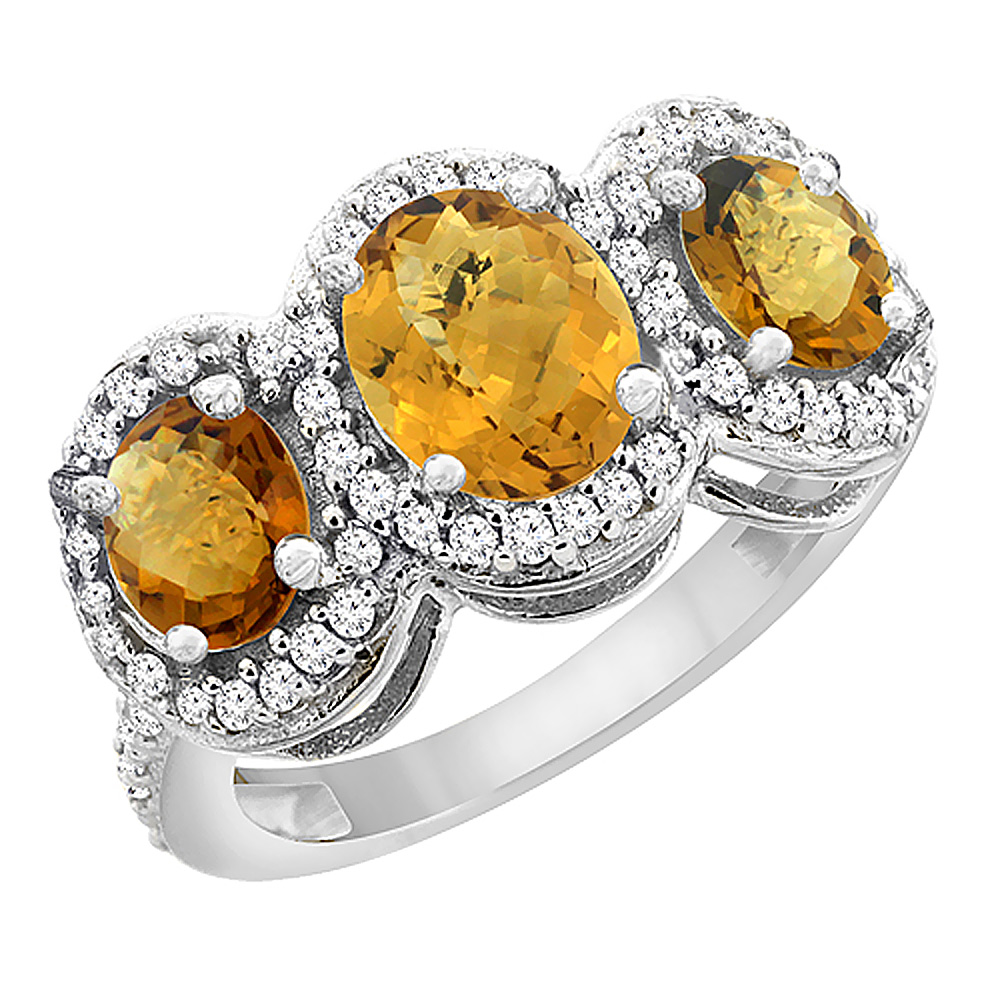 10K White Gold Natural Whisky Quartz 3-Stone Ring Oval Diamond Accent, sizes 5 - 10