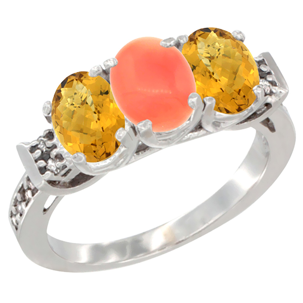 14K White Gold Natural Coral & Whisky Quartz Ring 3-Stone 7x5 mm Oval Diamond Accent, sizes 5 - 10