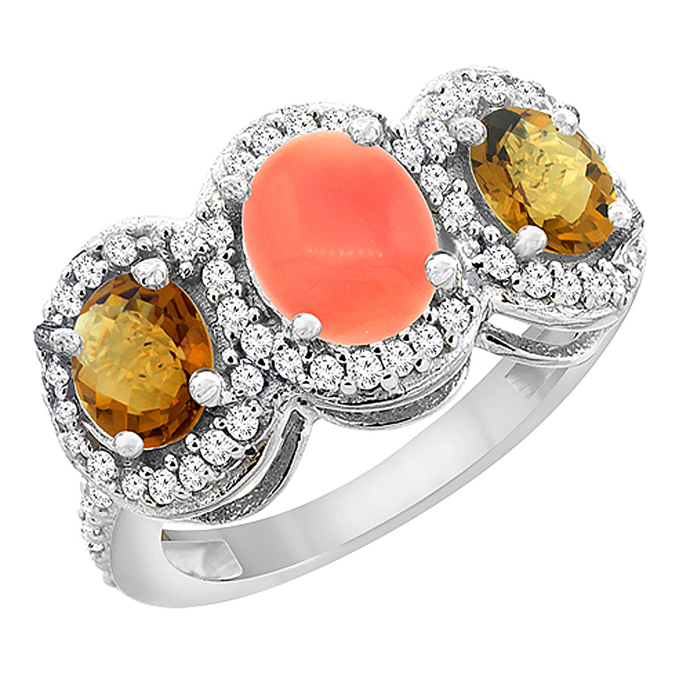 14K White Gold Natural Coral & Whisky Quartz 3-Stone Ring Oval Diamond Accent, sizes 5 - 10