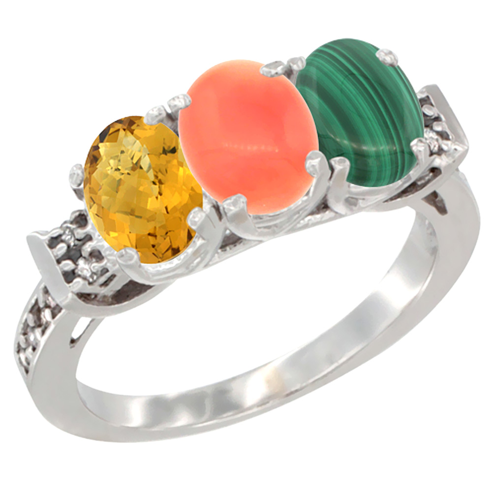 14K White Gold Natural Whisky Quartz, Coral & Malachite Ring 3-Stone 7x5 mm Oval Diamond Accent, sizes 5 - 10