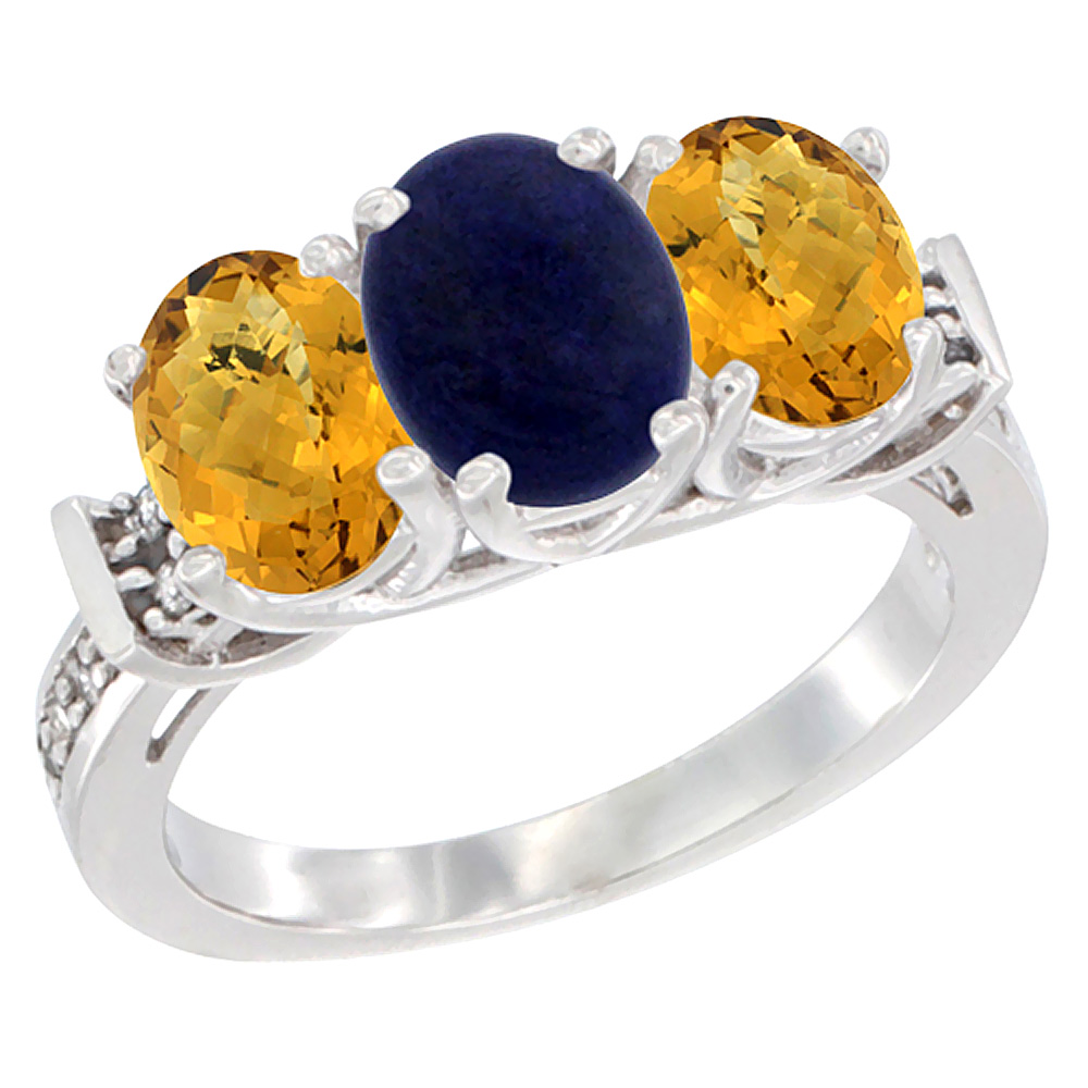 10K White Gold Natural Lapis & Whisky Quartz Sides Ring 3-Stone Oval Diamond Accent, sizes 5 - 10