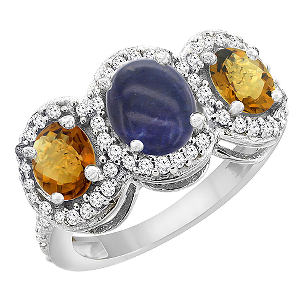10K White Gold Natural Lapis & Whisky Quartz 3-Stone Ring Oval Diamond Accent, sizes 5 - 10
