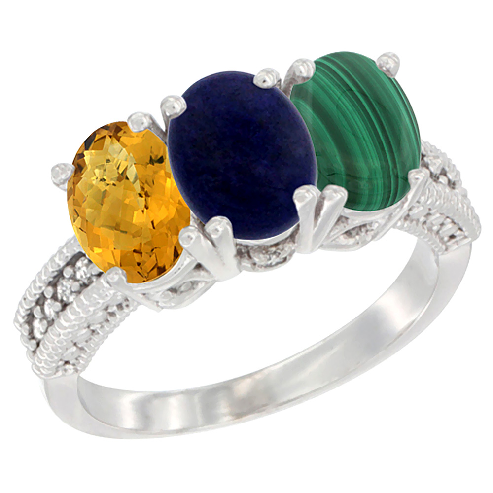 10K White Gold Diamond Natural Whisky Quartz, Lapis & Malachite Ring 3-Stone 7x5 mm Oval, sizes 5 - 10
