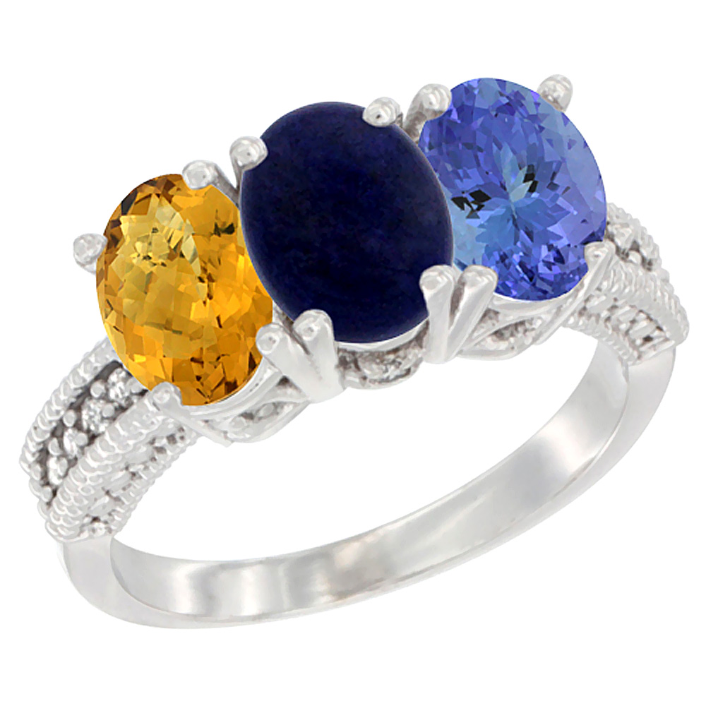 10K White Gold Diamond Natural Whisky Quartz, Lapis & Tanzanite Ring 3-Stone 7x5 mm Oval, sizes 5 - 10