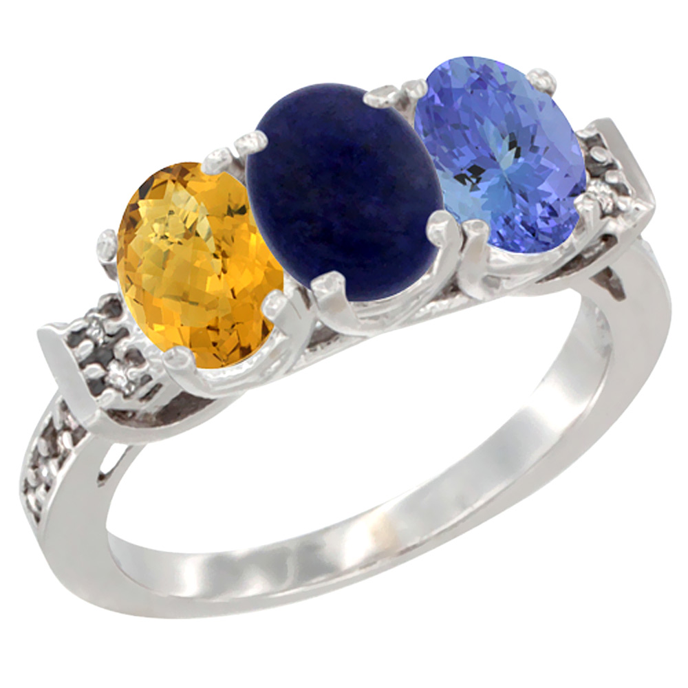 10K White Gold Natural Whisky Quartz, Lapis & Tanzanite Ring 3-Stone Oval 7x5 mm Diamond Accent, sizes 5 - 10
