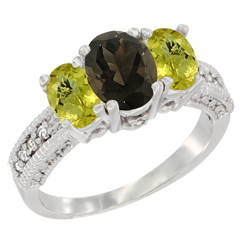 14K White Gold Diamond Natural Smoky Topaz Ring Oval 3-stone with Lemon Quartz, sizes 5 - 10