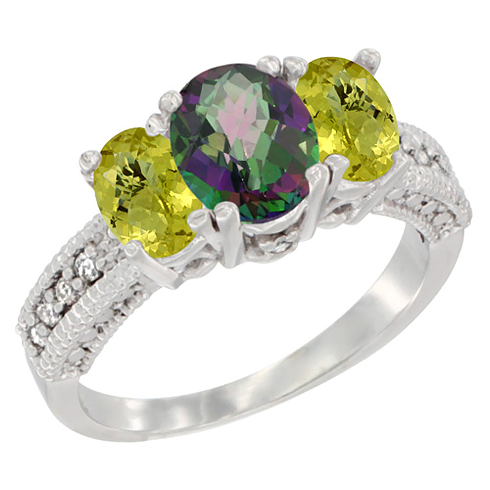 14K White Gold Diamond Natural Mystic Topaz Ring Oval 3-stone with Lemon Quartz, sizes 5 - 10