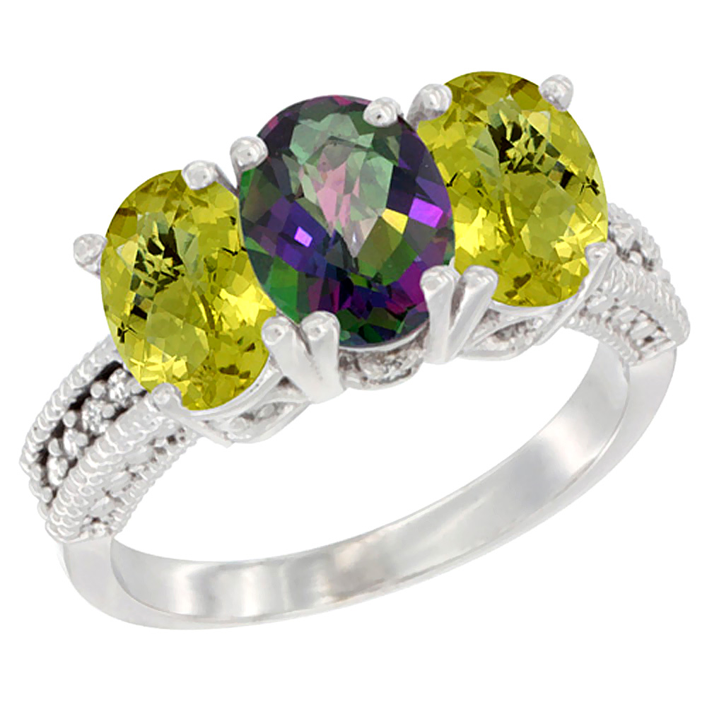14K White Gold Natural Mystic Topaz Ring with Lemon Quartz 3-Stone 7x5 mm Oval Diamond Accent, sizes 5 - 10