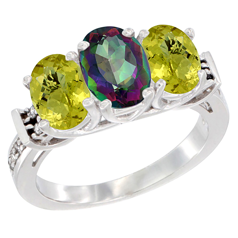 14K White Gold Natural Mystic Topaz & Lemon Quartz Sides Ring 3-Stone Oval Diamond Accent, sizes 5 - 10