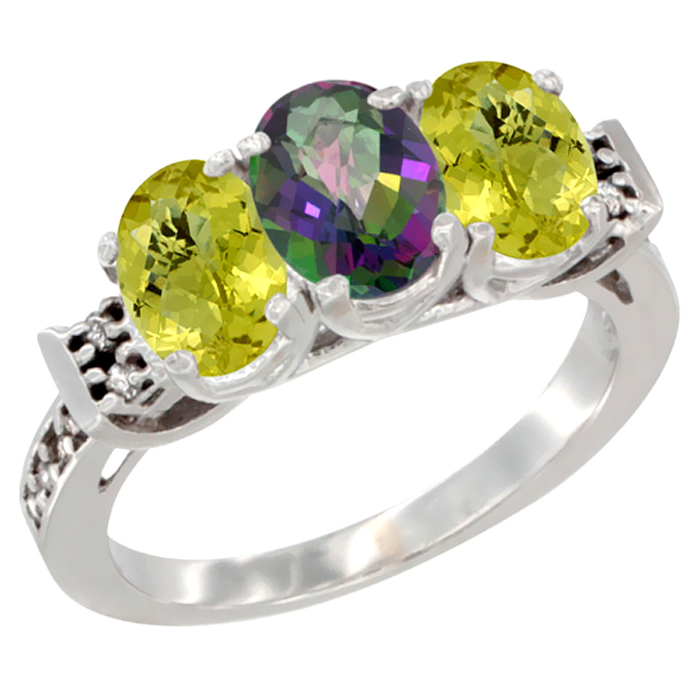 14K White Gold Natural Mystic Topaz & Lemon Quartz Ring 3-Stone 7x5 mm Oval Diamond Accent, sizes 5 - 10