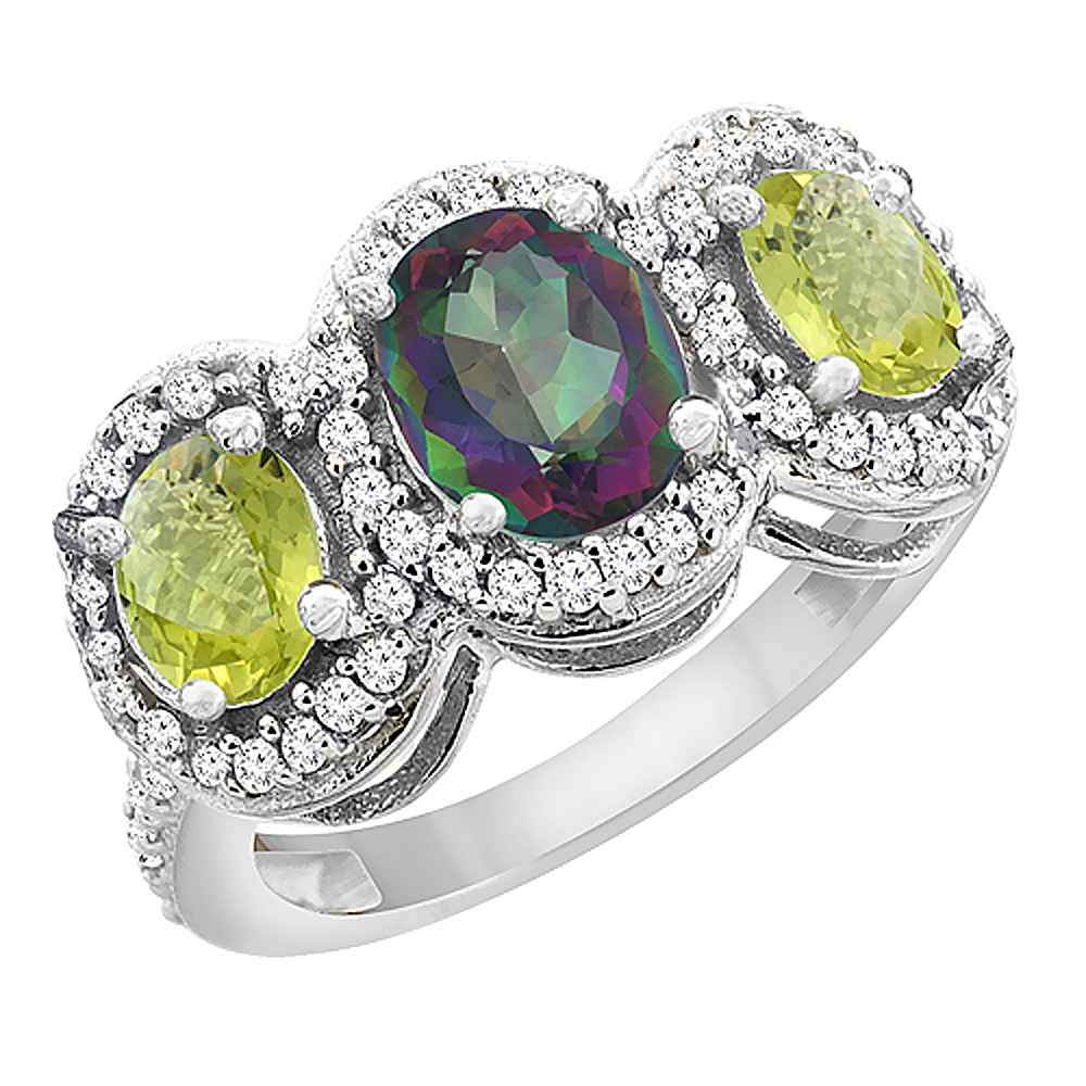 14K White Gold Natural Mystic Topaz & Lemon Quartz 3-Stone Ring Oval Diamond Accent, sizes 5 - 10