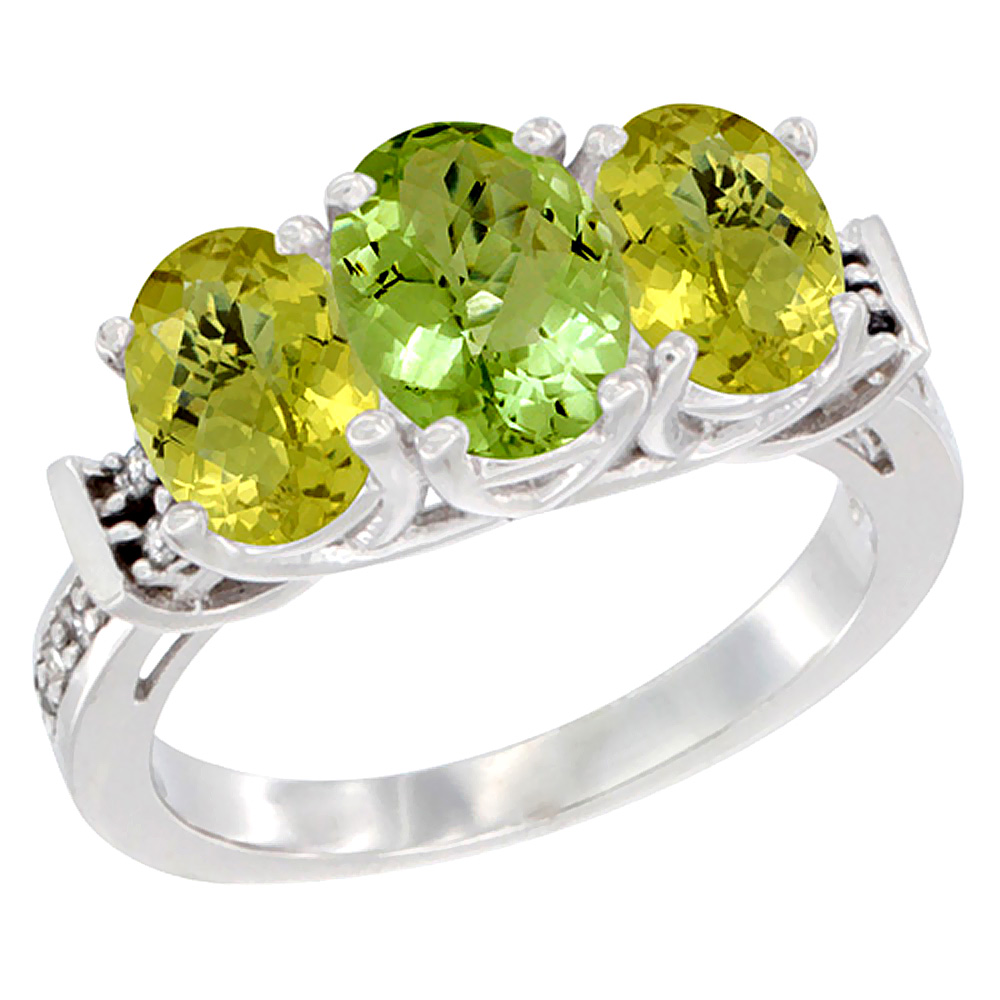 14K White Gold Natural Peridot & Lemon Quartz Sides Ring 3-Stone Oval Diamond Accent, sizes 5 - 10
