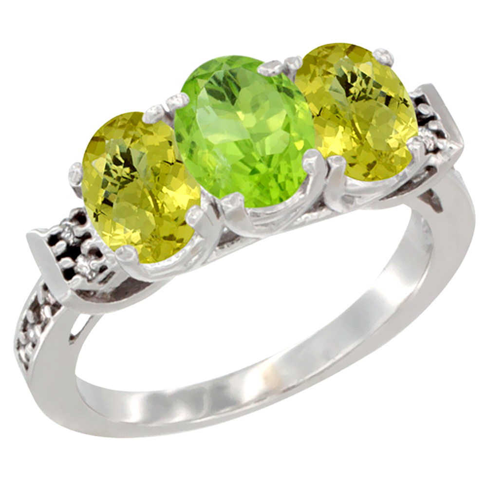 14K White Gold Natural Peridot & Lemon Quartz Ring 3-Stone 7x5 mm Oval Diamond Accent, sizes 5 - 10