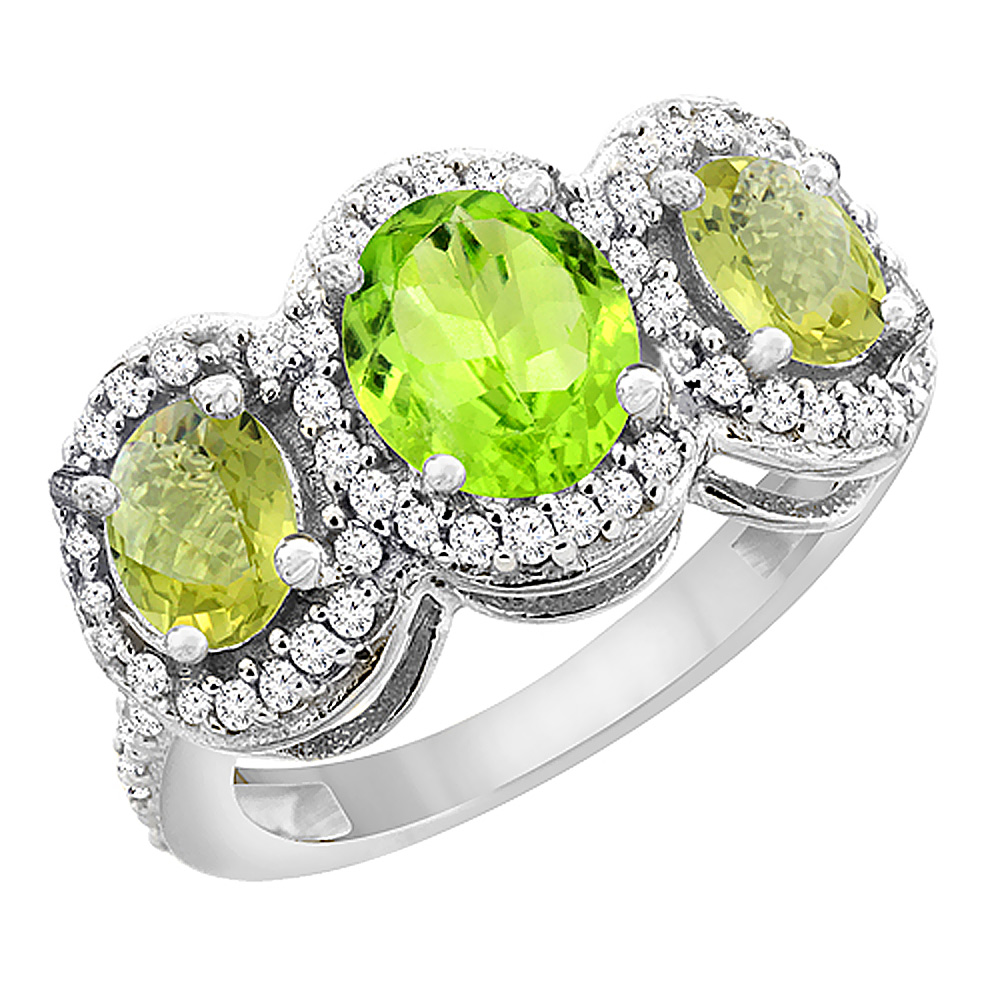 14K White Gold Natural Peridot & Lemon Quartz 3-Stone Ring Oval Diamond Accent, sizes 5 - 10