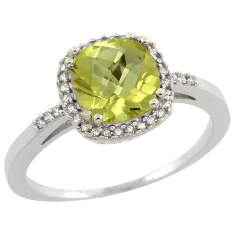 14K White Gold Diamond Natural Lemon Quartz Ring Cushion-cut 7x7mm, sizes 5-10