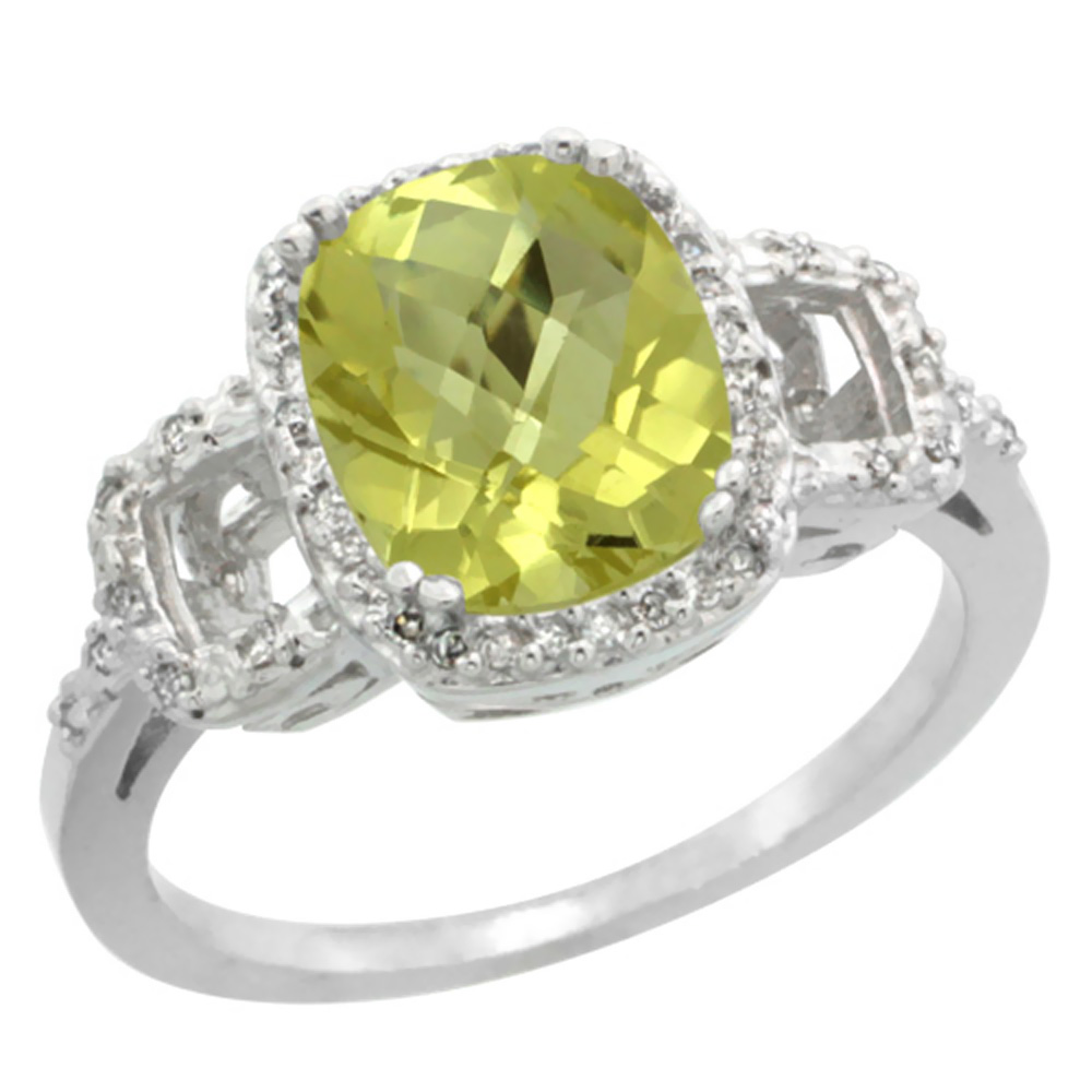 14K White Gold Diamond Natural Lemon Quartz Ring Cushion-cut 9x7mm, sizes 5-10