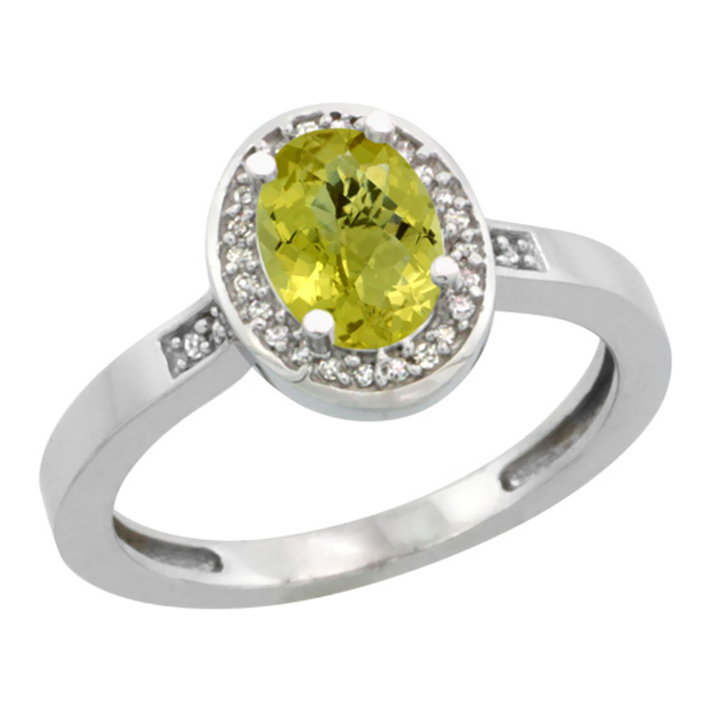 14K White Gold Diamond Natural Lemon Quartz Engagement Ring Oval 7x5mm, sizes 5-10