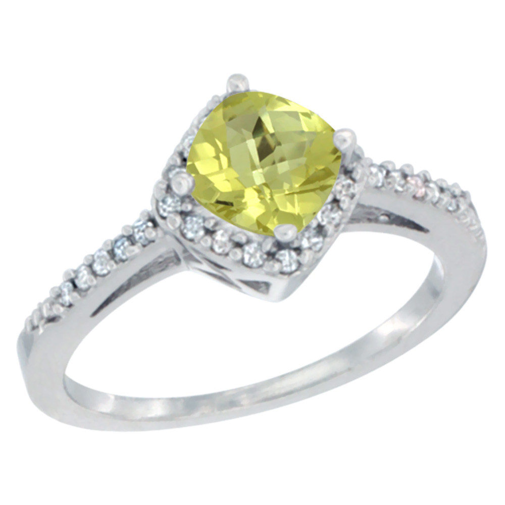 10K White Gold Natural Lemon Quartz Ring Cushion-cut 6mm Halo Diamond Accent, sizes 5 - 10