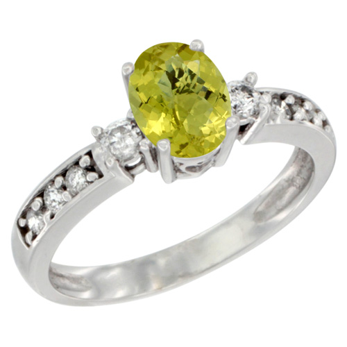 14K White Gold Natural Lemon Quartz Ring Oval 7x5 mm Diamond Accent, sizes 5 - 10