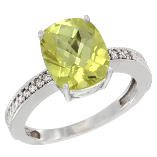 14K White Gold Diamond Cushion 10x8 mm Natural Lemon Quartz Stone Ring, sizes 5 - 10