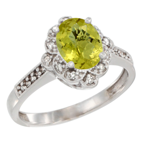 14K White Gold Natural Lemon Quartz Ring Oval 8x6 mm Floral Diamond Halo, sizes 5 - 10