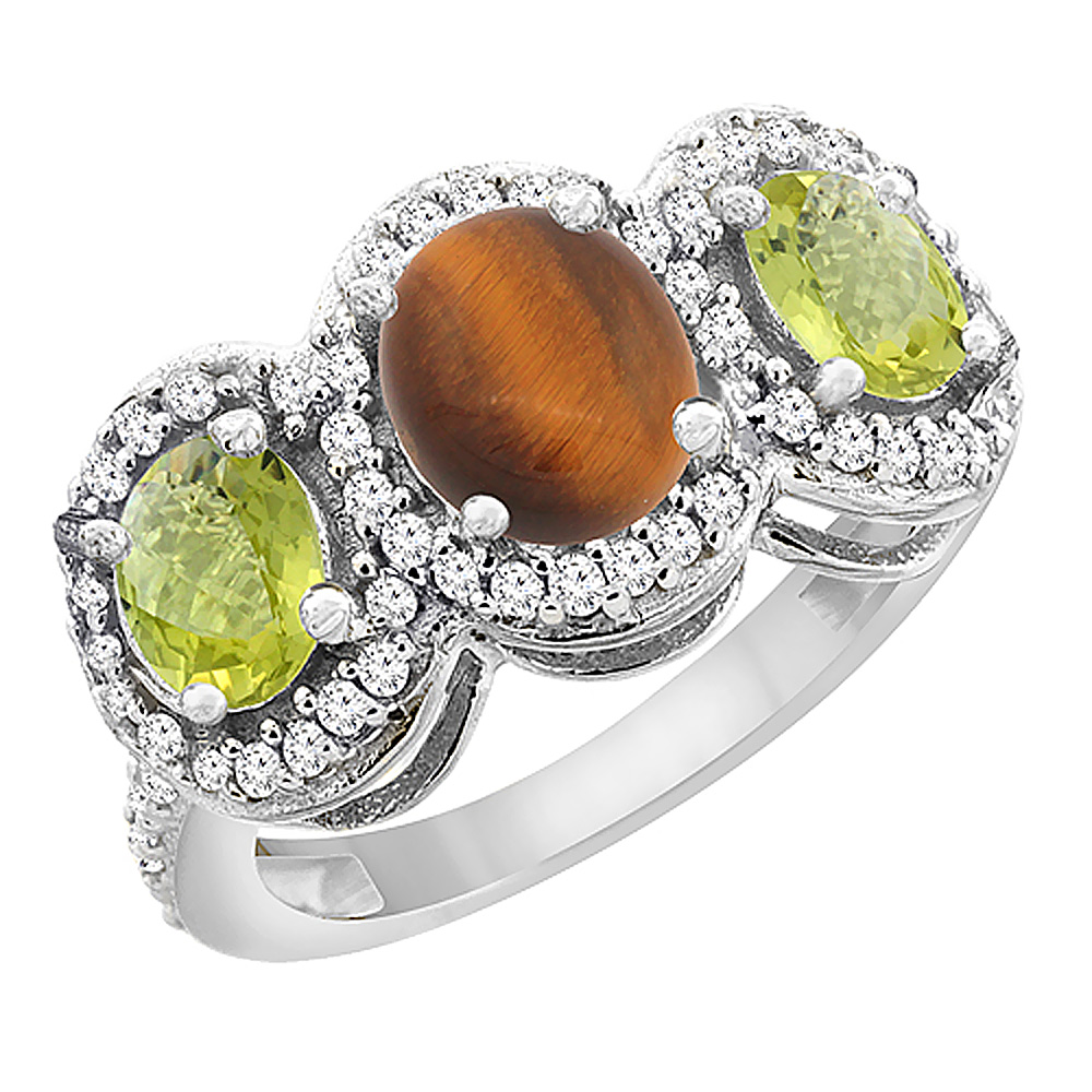 14K White Gold Natural Tiger Eye & Lemon Quartz 3-Stone Ring Oval Diamond Accent, sizes 5 - 10