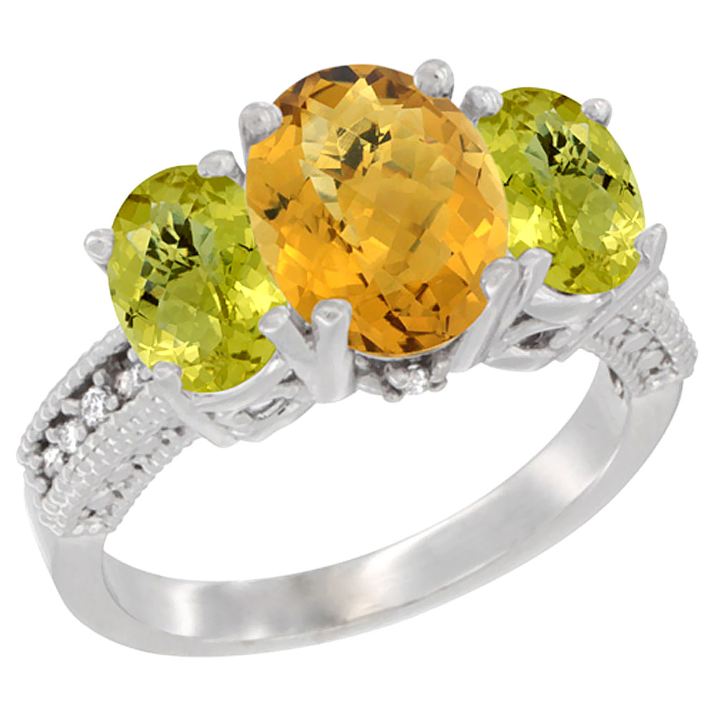 10K White Gold Diamond Natural Whisky Quartz Ring 3-Stone Oval 8x6mm with Lemon Quartz, sizes5-10