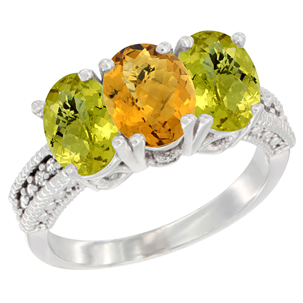 10K White Gold Diamond Natural Whisky Quartz & Lemon Quartz Ring 3-Stone 7x5 mm Oval, sizes 5 - 10