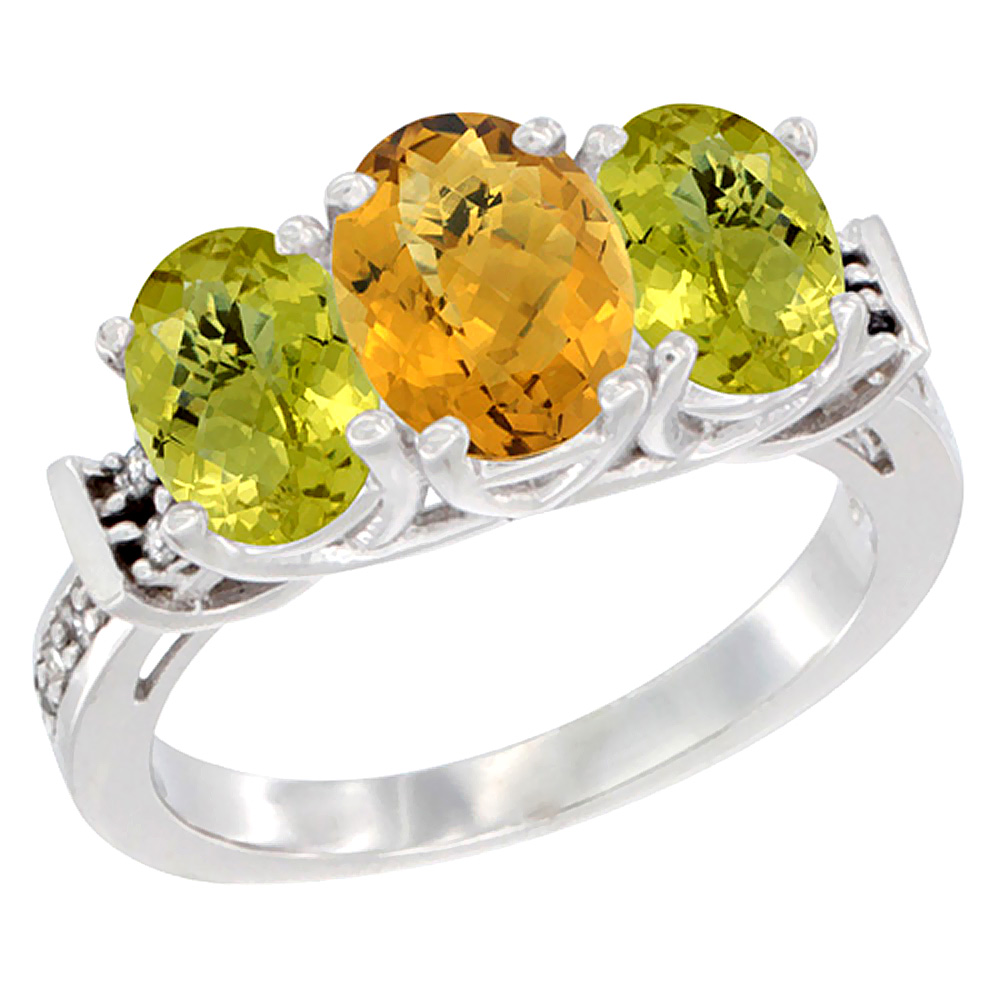 10K White Gold Natural Whisky Quartz & Lemon Quartz Sides Ring 3-Stone Oval Diamond Accent, sizes 5 - 10