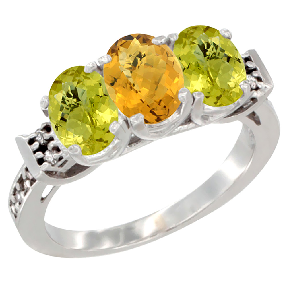 10K White Gold Natural Whisky Quartz & Lemon Quartz Sides Ring 3-Stone Oval 7x5 mm Diamond Accent, sizes 5 - 10
