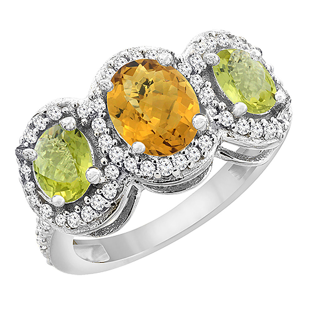 10K White Gold Natural Whisky Quartz & Lemon Quartz 3-Stone Ring Oval Diamond Accent, sizes 5 - 10