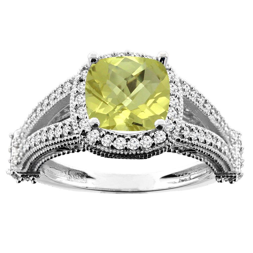 10K White/Yellow/Rose Gold Natural Lemon Quartz Split Shank Ring Cushion 7x7mm Diamond Accent, sizes 5 - 10