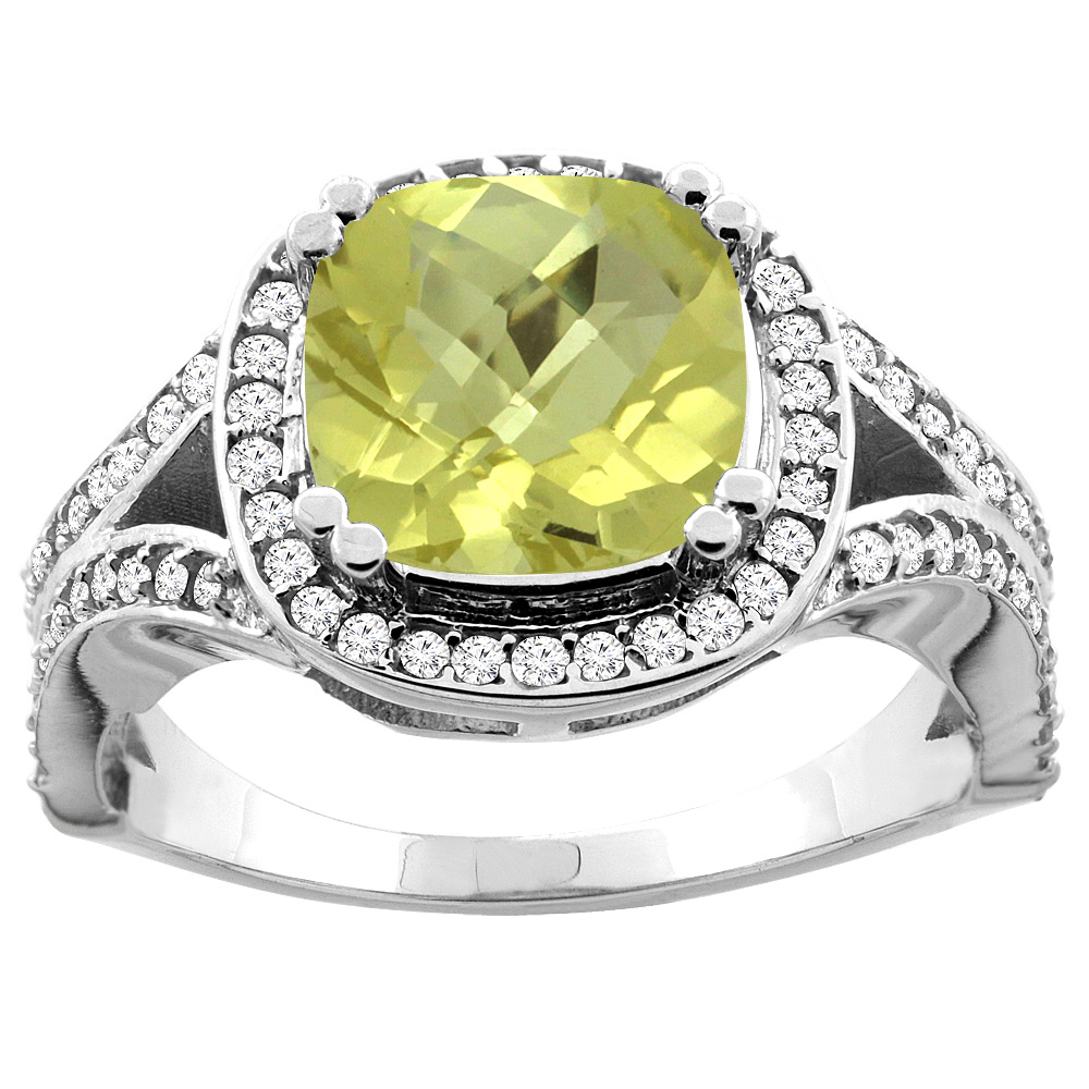 10K White/Yellow Gold Natural Lemon Quartz Split Ring Cushion 8x8mm Diamond Accent, sizes 5 - 10