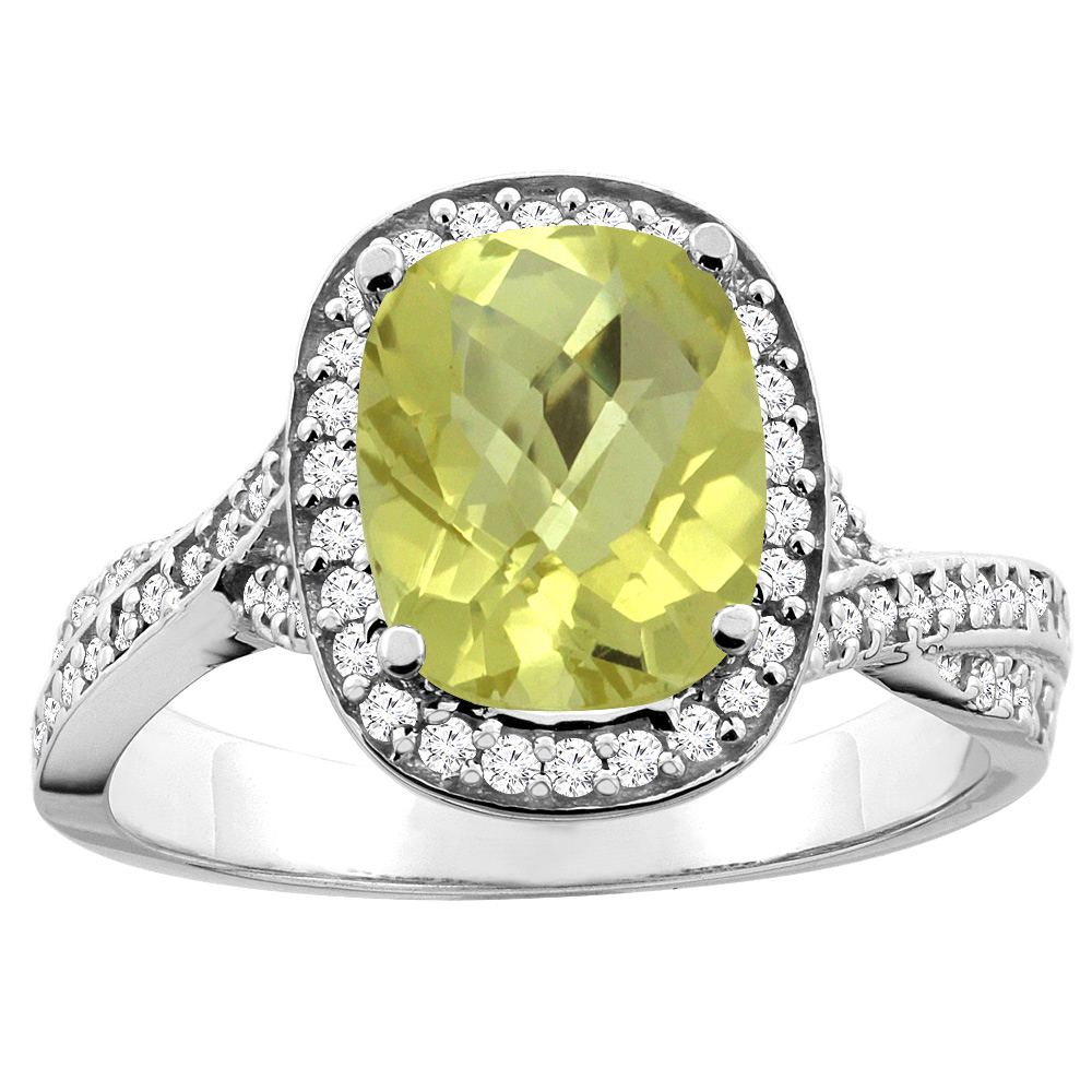 10K White/Yellow Gold Natural Lemon Quartz Halo Ring Cushion 9x7mm Diamond Accent, sizes 5 - 10