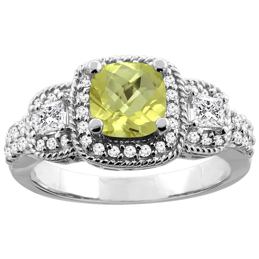 10K White/Yellow Gold Natural Lemon Quartz Ring Cushion 6x6 mm Diamond Accent, sizes 5 - 10