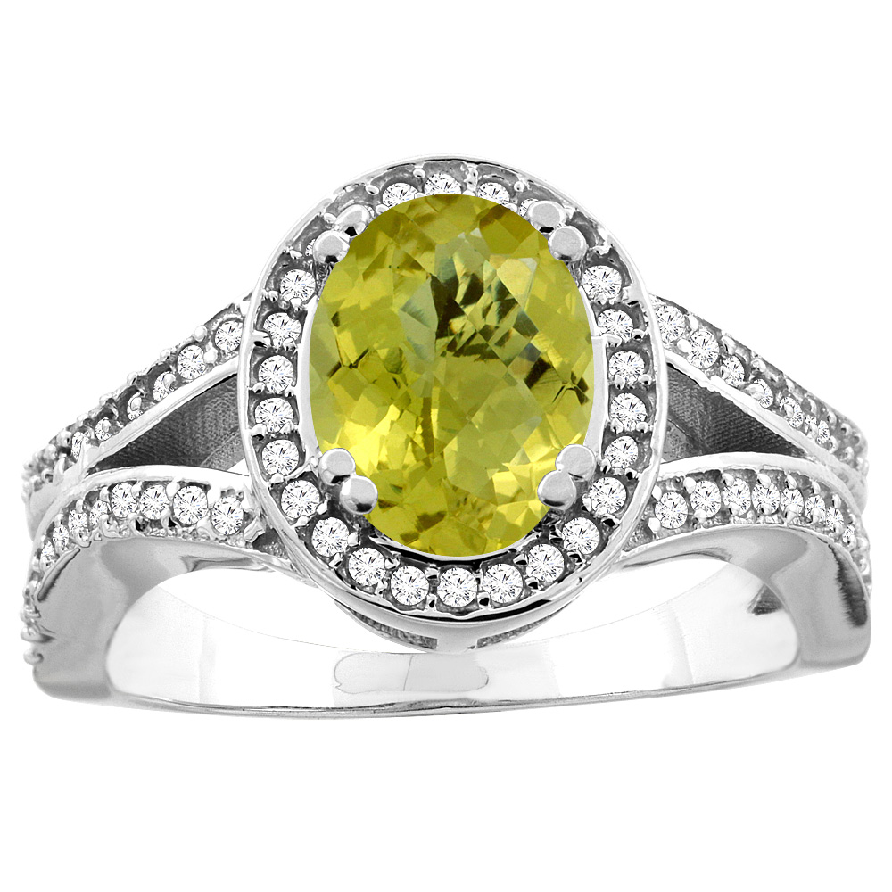 10K White/Yellow Gold Natural Lemon Quartz Split Ring Oval 8x6mm Diamond Accent, sizes 5 - 10