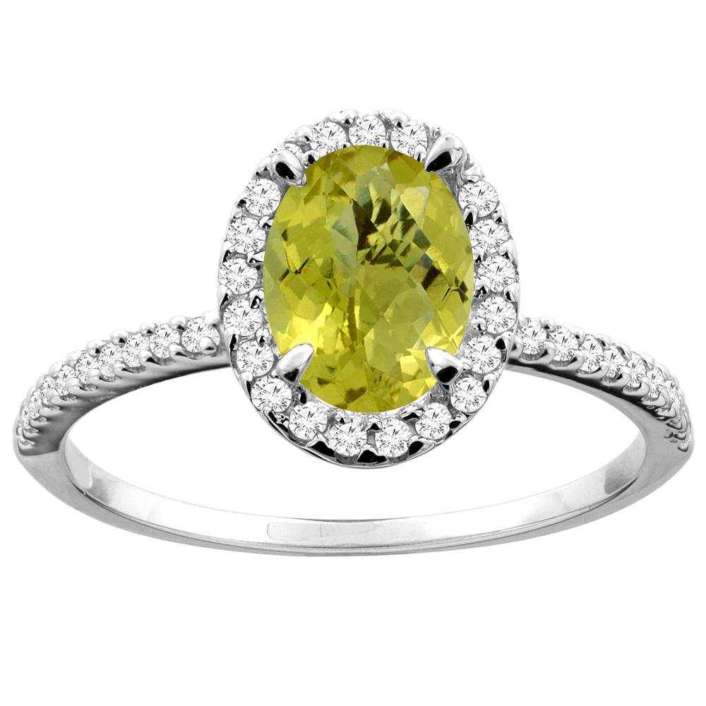 10K White/Yellow Gold Natural Lemon Quartz Ring Oval 8x6mm Diamond Accent, sizes 5 - 10