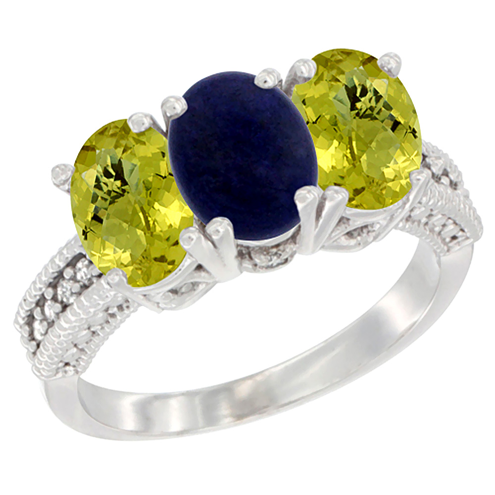10K White Gold Diamond Natural Lapis & Lemon Quartz Ring 3-Stone 7x5 mm Oval, sizes 5 - 10