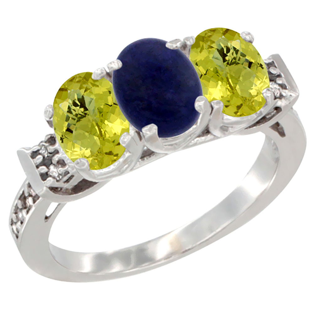 10K White Gold Natural Lapis & Lemon Quartz Sides Ring 3-Stone Oval 7x5 mm Diamond Accent, sizes 5 - 10