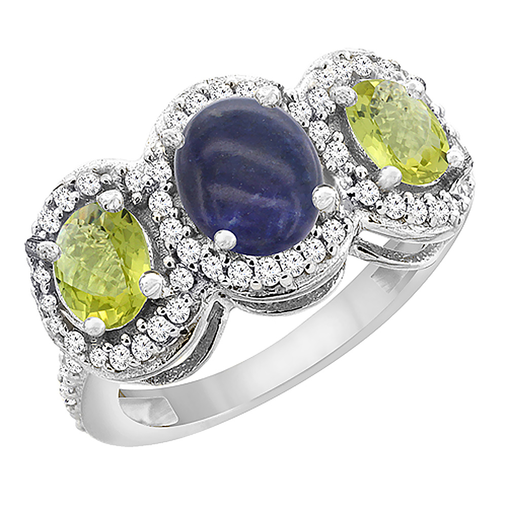 10K White Gold Natural Lapis & Lemon Quartz 3-Stone Ring Oval Diamond Accent, sizes 5 - 10